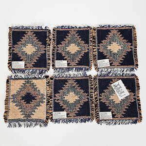 Square Blue and Orange Cotton Woven Geometric Coasters Made in India Set of 6